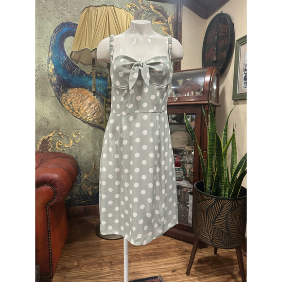 Capulet Sage Green Polka Dot Tie-Front Midi Dress Retro Minimalist Pockets Sz M - Picture 6 of 15